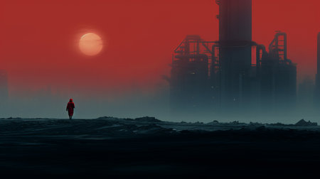 futuristic city hd wallpaper featuring a minimalist monochromatic landscape with dark aquamarine and red accents. the image showcases industrial fragments, emotive figurative works, and dusty piles, creating a captivating and minimalistic landscape. the grainy texture adds depth and character to this visually striking wallpaper. ai generatedの素材