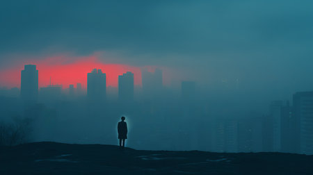 a man stands outside, gazing into a dark and foggy city, creating a captivating color field minimalism photograph. the scene portrays an apocalyptic landscape with a combination of cyan and crimson hues. this captivating image, captured by lorenz hideyoshi, showcases desolate landscapes merging with the high dynamic range, where the metropolis meets nature. ai generatedの素材