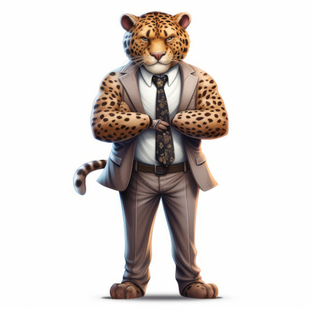 a business leopard mascot vector character, inspired by the artistic styles of vicente romero redondo, cartoon realism, david lachapelle, george catlin, vancouver school. this illustration showcases a realistic yet stylized depiction of a professional leopard, with isolated figures for versatile use. ai generatedの素材
