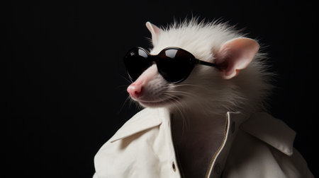 a white rat wearing sunglasses, exuding a hip-hop flair, is captured in this intriguingly taboo photograph. the image, shot on 70mm film, showcases the rat's troubadour style, reminiscent of celebrity and pop culture references. the composition, reminiscent of patrick demarchelier's work, adds an artistic touch to this unique and captivating photo by ray collins. ai generatedの素材