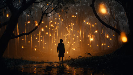 a person walks through a forest, surrounded by numerous lit candles. this matte painting-style photo captures the essence of thai art, with its psychological depth in characters. the use of a lightbox enhances the enchanting atmosphere, while the concept of mori kei adds a touch of natural beauty. the golden light illuminates the scene, beautifully depicting trapped emotions. ai generatedの素材