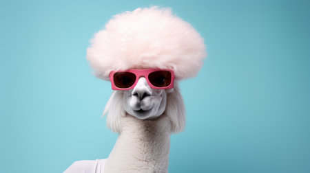 a big llama dressed like a cat wearing sunglasses poses in a studio. the llama's outfit features light pink and sky-blue colors, creating a bold and vibrant look. the photograph showcases explosive pigmentation and bold colorism, reminiscent of the post-70s ego generation. the image is captured in uhd quality and employs a soft-focus technique. ai generatedの素材