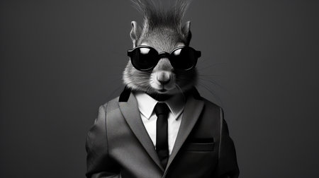 a squirrel wearing sunglasses and a business suit poses for a portrait on a black background. this unique image combines elements of fantasypunk and ambient occlusion, with a post-70s ego generation influence. the photo showcases photo-realistic techniques, resulting in a crisp and clean look. it has a matte finish, reminiscent of an associated press photo. ai generatedの素材