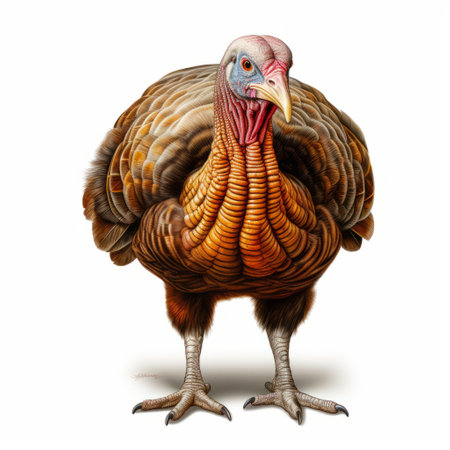 a turkey stands upright in a realistic hyper-detailed portrait, showcasing aggressive digital illustration. this national geographic photo captures the vibrant colors of the turkey, reminiscent of the artistic style of moebius. the image combines elements of childlike illustrations and falls under the creative commons attribution license. ai generatedの素材