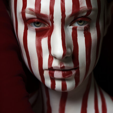 a woman with red and white stripes painted on her face, showcasing mythological realism in an iconic american style. this captivating image, shot on 70mm film, features multi-layered figures and disfigured forms. juxtaposed imagery and high contrast shots add depth and intrigue to this visually striking photograph. ai generatedの素材