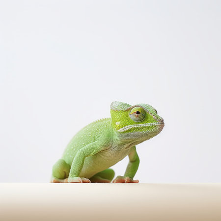 a green and brown chameleon, known as ikrum viviparus or chamelones, is captured in a minimalistic composition using a soft-focus technique. this tabletop photograph showcases the chameleon's bold chromaticity against a light white and light green background. the high-key lighting adds a touch of baroque elegance to this stunning image. ai generatedの素材