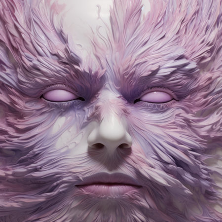 the sculpture of a woman, made with pink feathers, showcases a realistic hyper-detailed rendering style. it features nightmarish imagery and expressive faces, created using the cinema4d software. the loose paint application adds to its unique appeal, while the color palette of white and purple enhances the sense of primordial creatures. ai generatedの素材