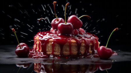 cherry cake covered in liquid chocolate, captured by peter fesajo on flickr. this visually striking photo, reminiscent of philip mckay's style, features a comic book-inspired design. with an impressive 8k resolution and created using cryengine, the image showcases a monochromatic scheme against a black background. ai generatedの素材