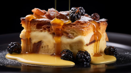 custard dessert with hazelnuts and blackberries on a plate, set against a black background. this visually stunning image captures the artistry of toms barcel, melting pots, rollei prego 90, realist detail, light amber and beige, and thomas w schaller. the high-resolution 32k uhd quality brings out the intricate details of this delectable treat. ai generatedの素材