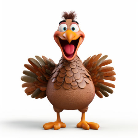 the cartoon turkey, created in the style of zbrush, appears to be holding a turkey knife. this joyful and optimistic artwork showcases figurative textures reminiscent of the quito school. with a touch of terracotta and naturalistic bird portraits, this piece evokes the spirit of aleksandr deyneka's artistic style. ai generatedの素材