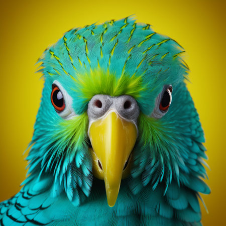an avian creature with dynamic and exaggerated facial expressions gazes at a vibrant yellow surface in this bold and colorful portrait. the style of light cyan and emerald adds a touch of vibrancy to the image, capturing the explosive wildlife essence. this close-up shot, taken by object portraiture specialist john wilhelm, showcases the creature's captivating presence. ai generatedの素材