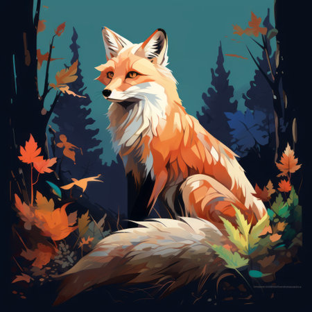 a vibrant and energy-filled portrait of a red fox artist named harpo in the forest. this illustration by sahara showcases vibrant color gradients, detailed foliage, and an emphasis on character design. the dark sky-blue and amber tones create a captivating atmosphere, while the white and orange accents add depth to the artwork. perfect for editorial illustrations and lovers of nature. ai generatedの素材