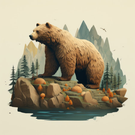 a bear in the wilderness, standing on a rock, is depicted in this hyper-detailed illustration. the realistic landscape with soft, tonal colors enhances the overall effect. the gigantic scale and explosive wildlife add a sense of awe and wonder to the scene. the illustration style is a combination of simple, colorful and flat illustrations, creating a unique visual experience. ai generatedの素材