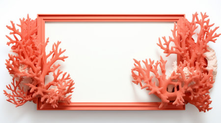 a photo frame showcasing vibrant tropical corals set against a clean white background. this 8k 3d style composition features intricate minimalism, light red accents, and narrative paneling. the bright sculptures of the corals stand out against the elaborate borders of the frame, creating a captivating visual experience reminiscent of a lightbox. ai generatedの素材