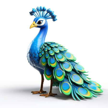 an inflatable toy peacock with blue feathers stands tall, showcasing its photorealistic rendering and cartoonish character design. the intricate details are so captivating that one might mistake it for a national geographic photo. this stunning creation has been brought to life using maya's rendering capabilities. ai generatedの素材