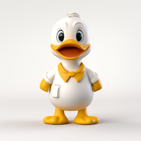 3d ducks on a white background wearing a yellow tie. these anime-inspired character designs draw inspiration from disney animation, featuring a thick texture and intricate details. the carved animal figures showcase smooth and polished finishes, adding a touch of quantumpunk aesthetic to the overall look. ai generatedの素材