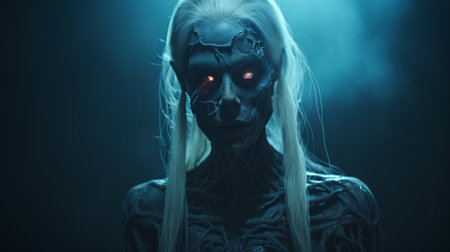 a girl with an inked face featuring eyes, in the style of luminous 3d objects and dark fantasy creatures, wearing detailed rubber costumes. this national geographic photo showcases the intricate artwork rendered in cinema4d, creating a solarizing masterful effect. ai generatedの素材