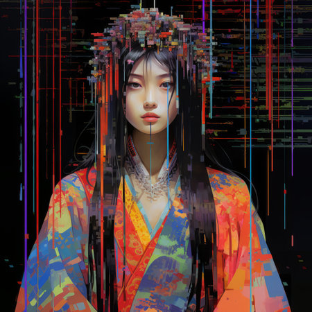 colorful anime-style art featuring characters making noise. the artwork showcases fragmented portraiture inspired by the shang dynasty, with realistic chiaroscuro effects. the digital as manual technique is evident in the intricate costumes and delicate lines. the paint dripping technique adds an extra layer of visual interest to this vibrant piece. ai generatedの素材