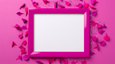 colorful pink frame with a white border, adorned with red paper confetti and vibrant petals. this hyperrealistic still life art piece showcases a plastic, magenta frame with a smooth and polished finish. the color-blocked shapes create a visually striking composition in a screen format, reminiscent of neo-plasticist art. ai generatedの素材