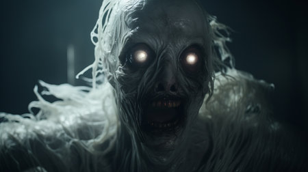 an evil creature lurks in a dark location, illuminated by volumetric lighting. this hyper-realistic, 8k resolution portrait captures the creature's menacing presence. rendered in maya, the image showcases the intricate details and the play of light and shadow. the translucent immersion adds an eerie touch to this dark and captivating scene. shot with the zeiss batis 18mm f2.8 lens. ai generatedの素材