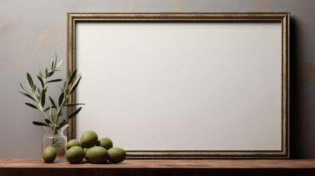 empty frame on a wooden table with empty leafs and olives around, creating a muted colorscape. this grocery art piece embodies the minimalist backgrounds of avocadopunk and the artistic influences of the eastern zhou dynasty. it also draws inspiration from found object installations and australian tonalism. ai generatedの素材
