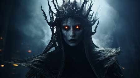 banshee queen, a terrifying apparition with extreme realistic features, is captured in this horror cinematic still. the breathtaking lighting enhances the horrorcore atmosphere, making it the most terrifying and unforgettable image from outer space. ai generatedの素材