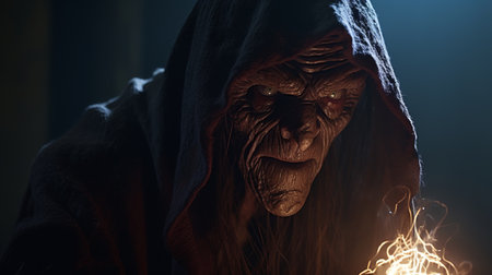a man in a robe holds a flashlight in his hand in a dark room. the scene is created in the style of unreal engine 5, with influences from artists like alex petruk ape and anne stokes. the image features a wireframe aesthetic, with a combination of light red and dark indigo colors. the close-ups capture intense and grotesque characters. ai generatedの素材
