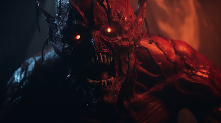 a close-up photo of a dark red demonic head with exaggerated anatomy, featuring flames and horns. the demonic head is rendered in the style of unreal engine, reminiscent of frank miller's artwork. this intense and brutal action scene captures the essence of a "death burger" with its fiery and menacing presence. ai generatedの素材
