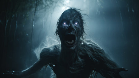 zombie zombies lurking in the dark, captured in the captivating style of olivier valsecchi. this mysterious jungle scene, brought to life with unreal engine 5, draws inspiration from the haunting works of theodor kittelsen. the dark silver and light indigo tones create an eerie atmosphere, while the mesmerizing eyes of the zombies, crafted by edoardo tresoldi, shine with an otherworldly allure. ai generatedの素材
