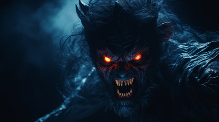 a demon halloween wallpaper in hd 1920x1200 resolution, captured with the photorealistic detail of a sony alpha a7 iii camera. the image features a dark blue color scheme, explosive wildlife elements, and detailed character expressions. the intense use of light and shadow adds depth to the shot, which was taken on a 70mm lens. ai generatedの素材