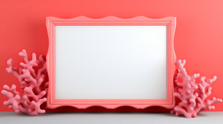 pink frame with a tropical coral setting stands out against a vibrant red background in this 3d illustration photo. the frame is designed in a light white and light gray style, with cartoonish features and a smooth surface. it evokes a sense of rococo interiors and is perfect for collecting and various modes of display. the frontal perspective adds depth to the image, while theの素材