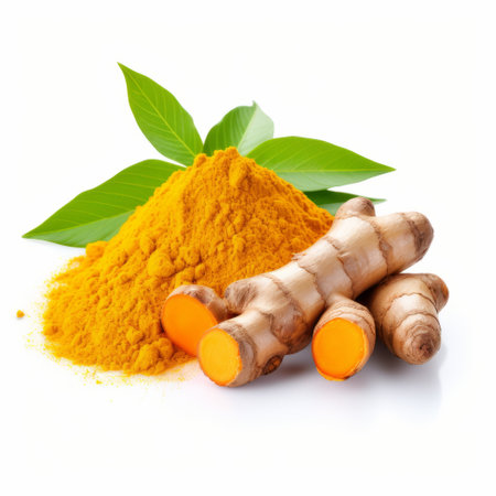 turmeric powder and leaves are showcased on a white background, featuring a colorized, angura kei, sanriocore, les nabis, split toning, traditional vietnamese aesthetic. the vibrant hues of yellow and orange create a visually striking composition. ai generatedの素材