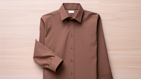 brown shirt hanging on a wooden background, showcasing a minimalist and precise style. the shirt's smooth and shiny texture complements the neo-plasticist influence, reminiscent of eugene girardet's art. soft colors like dark pink and light brown enhance the smooth surface of the shirt. ai generatedの素材