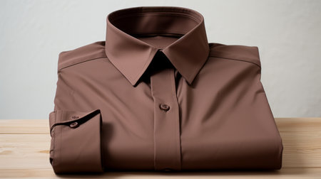 a brown dress shirt is seen laying on a table next to a wooden wall. the style of the image is characterized by dark pink and dark bronze tones, with digitally enhanced and highly polished surfaces. the precisionist style showcases the close-up details of the shirt, which is made of rubber and features a dark brown and dark bronze color scheme. ai generatedの素材