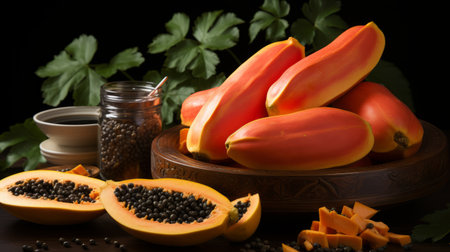 dark orange and dark aquamarine papayas are showcased in this vibrant photo. against a black background, their smooth curves and glossy finish stand out. the light red and gold hues of the papayas are complemented by colorful woodcarvings in the background, creating a visually appealing composition. ai generatedの素材