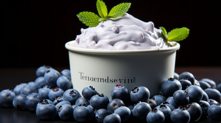 yoghurt and blueberries are placed on the counter, captured in a photo with the artistic style of steinheil quinon 55mm f19. the composition is photo-realistic, showcasing tenebrism and graceful movements. the image is enhanced with the use of velvia, creating a matte photo with contrasting shades of dark white and light purple. ai generatedの素材