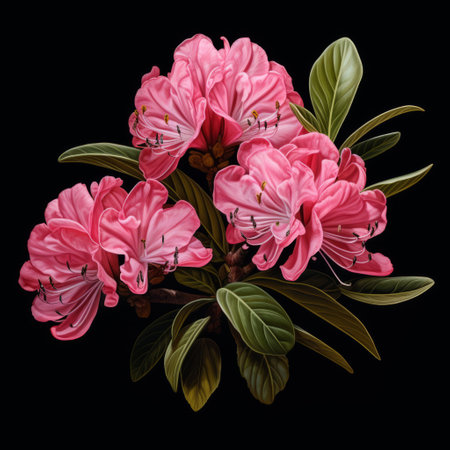 a stunning painting capturing a bunch of pink flowers with remarkable realism. this artwork showcases the intricate details reminiscent of renaissance chiaroscuro and miniature illumination techniques. the hyperrealistic portrayal of wildlife is evident in the vibrant pink hues contrasting with dark black accents. the use of flat shading adds depth to the composition. photographed with a sony alpha a1. ai generatedの素材