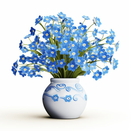 an empty vase adorned with stunning blue flowers, showcasing intricate illustrations in a highly detailed style. the vase is placed against a white background, incorporating primitivist elements and pictorial harmony. this vibrant and cheerful composition is captured with vray technology, creating a visually captivating image. discover this delightful floral arrangement on flickr, where cheerful colors come to life. ai generatedの素材