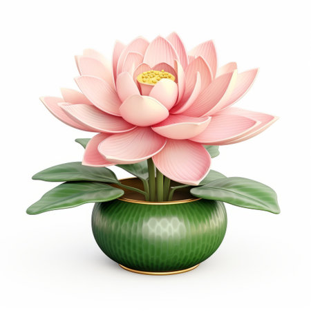 the lotus floral arrangement, in a green pot, showcases a realistic and detailed rendering. with its light pink and gold hues, it embodies the essence of confucian ideology. this 3d creation, inspired by makuzu kzan, is an accurate and detailed representation. perfect for websites seeking a touch of elegance and cultural significance. ai generatedの素材