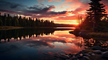 a stunning uhd image captures the vibrant hues of red, orange, and yellow reflecting on a norwegian lake. the dramatic skies add to the rustic scenes, creating a serene landscapism. the light pink and dark emerald colors are beautifully enhanced by the carl zeiss distagon t 15mm f/2.8 ze lens. ai generatedの素材