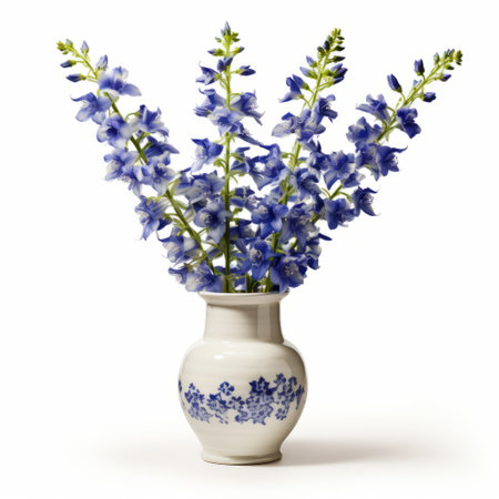 a vase of digitally enhanced blue and white flowers is elegantly displayed on a clean white background, showcasing the artful combination of colors and the modern approach to floral arrangements. ai generatedの素材