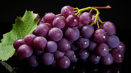 bunch of grapes with leaf on a black countertop, featuring the artistic style of mike campau. this high-resolution image showcases water drops on the grapes, reminiscent of miki asai's ultraviolet photography. the composition and lighting evoke the influence of irving penn, with a captivating contrast between light red and dark purple hues. ai generatedの素材