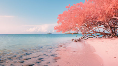 a pink tree adorned with pink flowers stands gracefully on a sandy beach, overlooking the serene sea. this stunning photograph captures the beauty of nature in a dreamlike manner, showcasing the artistry of tonga and the photorealistic rendering techniques used. the soft hues of light red and aquamarine, achieved through vray tracing, create a visually captivating scene reminiscent of a national geographic photo. ai generatedの素材