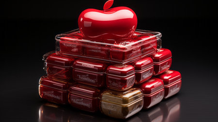 a group of candies with a sleek metallic finish, in the style of red and bronze, showcasing timeless beauty. the candies resemble dissected books and elaborate fruit arrangements, reminiscent of the nintencore and applecore aesthetics. ai generatedの素材