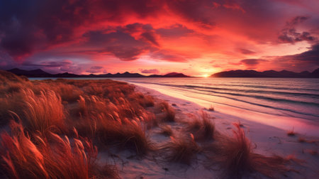 a stunning sunset with red clouds illuminating the sky above rocks and grass. this photo captures the essence of romantic dramatic landscapes, reminiscent of scottish landscapes featured in national geographic. the light gold and magenta hues create a captivating seaside scene, reminiscent of maranao art. the vibrant use of light and shadow adds depth and intrigue to this breathtaking image. ai generatedの素材