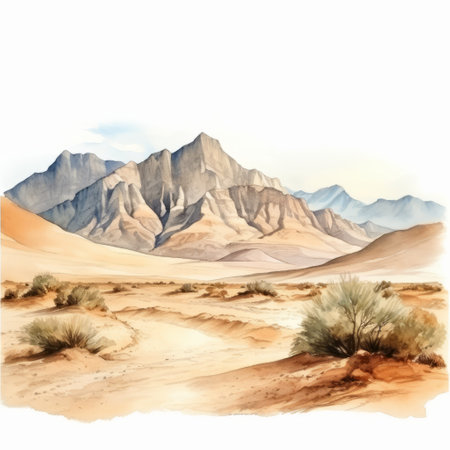 watercolor desert landscape featuring mountains, showcasing realistic and hyper-detailed renderings. this artwork embraces primitivist realism and soft brushstroke techniques, capturing the essence of the scene. the use of the zeiss milvus 25mm f/1.4 lens adds depth and clarity, while contoured shading enhances the overall effect. with adventure-themed elements and elaborate borders, this painting is a captivating visual journey. ai generatedの素材