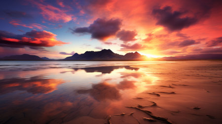 a stunning image of a sunset over a sandy beach with towering mountains in the background. this photograph captures the essence of scottish landscapes, showcasing the beauty of nature. taken with a graflex speed graphic camera, the saturated color scheme enhances the vibrant red and amber hues of the sky. the reflections and mirroring add a touch of ethereal beauty, while the cloudscapes create aの素材