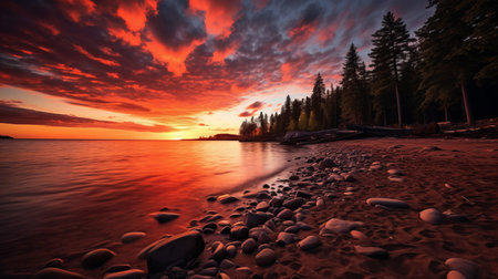 a landscape photo featuring rocky waves crashing against the shores, capturing the lake effect. this high-definition print showcases a light crimson and black color palette, reminiscent of the style of ivan shishkin. the image was captured using a tokina at-x 11-16mm f/2.8 pro dx ii lens, highlighting the detailed skies. with hints of orange and magenta, this photo exudes a cabincore aesthetic, inspired by nature.の素材