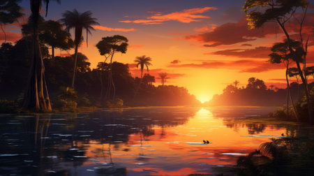 lions at sunset with a water lily in the background, captured in the style of 2d game art. this enigmatic tropics scene, created by caras ionut, showcases a perspective rendering of a mysterious jungle. the realistic bird paintings and the stunning 8k resolution add to the captivating beauty of this image. ai generatedの素材