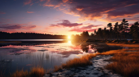 lake with stunning reflections and the sun's radiant glow illuminating the water. this picturesque scene, reminiscent of mikko lagerstedt's style, showcases a realistic and detailed rendering. the vibrant hues of orange and magenta create a captivating atmosphere. this high-definition image captures the essence of lively coastal landscapes and the charm of english countryside scenes, similar to the works of filip hodas. ai generatedの素材
